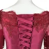 Short Burgundy Cheap Prom Cocktail Dresses Off the shoulders With Sleeves Applique Lace Designer Satin Corset Back Homecoming Evening Dress