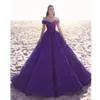Moda Deep Fioletowy Prom Dresses Sexy Off Ramię Długość Piętro Koronkowa Suknia Balowa Party Dress Glamorous Saudi Dubai Celebrity Suknie wieczorowe