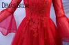 2018 rote Aline Abendkleider mit Illusion Langes Flare Langarmes Schaufel Ausschnitt Kristallperlen Spitze Real imgaes Promkleider XG7394114