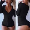 Sexy Choker High Deep V Neck Long Sleeve Single Breast Women Ribbed Bodysuits Playsuits Rompers Jumpsuits