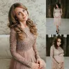 Elegant Top Beaded Long Sleeve Maternity Evening Dresses Tea Length Chiffon Empire Short Prom Gowns Plus Size Cloth For Women Cheap Formal