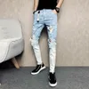 Kowaunken 2018 nova chegada masculina impresso slim jeans slim, furo de moda contraste cor calça lápis calças, tamanho 28-34.