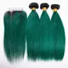 Dark Green Ombre Brasileño Virginal Cabello humano 3 paquetes Ofertas con cierre superior Recto Dos tonos 1B / Green Ombre Hair Weavea con cierre