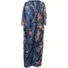 BUYKUD 2018 Summer Vintage Floral Tryckt Deep V-Neck Long Dress Women Loose Short Sleeve Elegant Robe Blue Dresses With Pocket