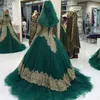 2018 Vintage Dubai Arabia Kaftan Ball Jurk Prom Dresses High Neck Long Mouwen met gouden Appliques Muslim hijab avondjurken plus6366413