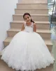 White Ball Gown Birthday Dress With Beads Sash Jewel Neck Sleeveless Lace Appliques Tulle Flower Girls Dresses Lovely First Communion Dress