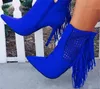 Kvinnor Mode Design Pekad Toe Blue Suede Läder Tassels Tunna Heel Short Boots Cut-out High Heel Ankel Booties Klänning Skor