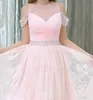 Härlig rosa spets brudtärna klänningar knä längd mjuk tulle med beading paljetter bröllopsfest klänningar billigt