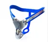 Stainless Steel Male Blue Chastity Device Model-T Adjustable Curve Waist Belt Cock Cage with Plug BDSM Sex Toys