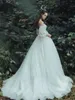 Princess Fairy Wedding Dresses Sweetheart Off the Shoulder Ruched Tulle Lace Appliques Country Bridal Gowns Sweep Train Illusion Sleeves