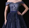 Hors de l'épaule bleu marine robes de bal balayage train plis tulle avec paillettes scintillantes longue robe de bal robes de soirée