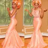 2022 Afrika Dantel Mermaid Abiye Sheer Boyun Aplike Tafta Şeftali Pembe Hollow Geri Hollow Geri Örgün Pageant Elbise Kıyafeti Ucuz