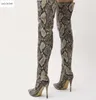 2018 sexy women thigh high boots snakeskin print leather boots women party shoes point toe long booties thin heel over knee high booties