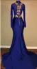 Sexig Split Mermaid Evening Dresses Royal Blue Chiffon Guld Applique Arabien Vestidos de Festa Party Dress Prom Formal Pageant Celebrity Gowns