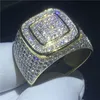 Knappe mannelijke hiphop ring pave setting 274 stks 5a cz geel goud gevuld 925 zilveren bruiloft band ring voor mannen partij sieraden