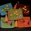 Hand Ribbon Embroidery Small Zip Bag Burlap Card Pouch Christmas Gift Bags Women Coin Purse Party Favors Bunk Fabric Tassel Bag 10pcs/lot