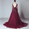 Elegant Backless Burgundy Lace Formal Celebrity Evening Dresses V Neck Long Sleeves Middle East Arabic Prom Party Gowns DH4111