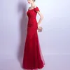 Luxe rode kant one-choeted sexy slanke vis staart banket jurk Nieuwjaars feestjurk bruids bruiloft toasts jurk