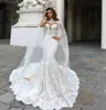 Underbara High Neck Mermaid Wedding Dresses With Tulle Wraps spetsapplikationer Långa brudklänningar Court Train Back Ba W W W