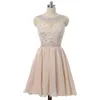 Modern Champagne Prom Dresses A-line Cap Short Sleeves Mini Crystals Elegant Organza Molded Cocktail Party Dresses HY378