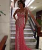 Luxury Tunga Kristaller Beading Prom Klänningar Skede Kolonn Beaded Straps Ärmlös Tulle Afton Party Gowns Sweep Train Coral Formell Dress