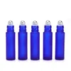 Bouteilles à roulettes d'huiles essentielles bleu cobalt en verre givré de 10ML, rechargeables, parfum, aromathérapie, bouteilles à bille avec bille roulante en acier inoxydable