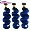 Färgad Blå Ombre Body Wave Hår Bundlar Brasilianska Virgin Mänskliga Hår Vävar Mörka Rötter 1B Blå Vågig Ombre Human Hair Extensions 3pcs Deals