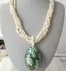 4 Row Freshwater White Pearl Barock Halsband Abalone Pendant 20 "