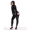 Sexiga Kvinnor Faux Läder Catsuit WetLook Low Cut Front Zipper Open Crotch Underkläder Jumpsuit Black PU Bodysuit Nattklubb Kostym