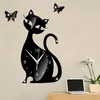 Moderne nouvelle mode vente chaude expédition rapide mignon chat papillon miroir noir horloge murale Design moderne décor à la maison montre mur 422