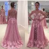 Rosa Vintage Lace Overkirt Evening Klänningar 2020 En Linje Illusion Långärmad Zuhair Murad Plus Storlek Afrikanska Arabiska Formella Prom Party Gowns