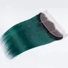 Ombre peruviane Fasci di tessuto per capelli umani verde scuro con frontale dritto # 1B / Ombre verde 13x4 Chiusura frontale in pizzo con trame di capelli vergini