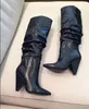 2018 new women spike heel boots knee high boots pointed toe booties black leather high heel boots ladies party shoes