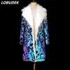 White Faux Fur Collar Blue Sequins Long Coat Tide Male High Quality Luxury Stage Costume Male Star Singer Overcoat Nightclub Outerwear Performance Clothes M-2XL