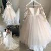 Ball Gown Lace Long Sleeves Flower Girl Dresses For Weddings Appliqued Little Girls Pageant Gowns Tulle Sheer Neck First Communion Dress 326 326