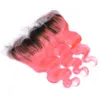 Roze Ombre Virgin Braziliaanse Body Wave Haarbundel Deals 3 stks met 13x4 Kant Frontale Sluiting Dark Root # 1b / Pink Ombre Menselijk Haar Weeft