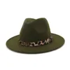 Unisex platt ull kände bred rand jazz fedora hatt för män kvinnor leopard korn läder dekorerade vanliga feldiga ull vulkan hattar