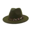 Unisex platte wol vilt brede rand jazz fedora hoed voor mannen vrouwen luipaard graan leer versierd gewoon vilten vilten vulkaan hoeden256x