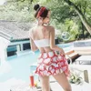 Spring Three Piece Swimsuit Women Conservative Split Skirt Sexy Small Chest Gather Thin Bikini Swim Wear290v