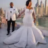 African Cheap South Mermaid Wedding Dresses Lace Appliques Crystal Beads Plus Size Long Sleeves Sheer Neck Bridal Gowns Chapel Train