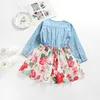 Long sleeve baby girls denim dress new autumn girl's floral skirts with bow children boutique clothing