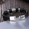No Fade Black Cow Genuine Leather Wrap Bracelet Men's Titanium Stainless Steel Magnet Braid Rope Chain Charm Bracelet Men Cool