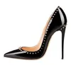 New Shoes Spike Heels Black Patent Leather Stiletto Pumps Rivets Studs Lady Thin High Heels Party Dress Shoes Woman