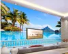 Foto tapet hög kvalitet 3d stereoskopisk strand, blå himmel, hav, kokosnöt träd, räcke, TV bakgrund vägg förlängning personlighet vägg mur