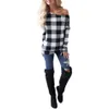 Women Off Shoulder Plaid Tops Long Sleeve Shirt Casual Blouse Loose T-shirt Red Buffalo Checkered Shirts L-OA4146