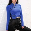 DUCTJOE New Chinese Vintage T Shirt Women Crop Top Cotton Long Sleeve Shirt Fashion Fitness Blue Slim T For Women Clothing