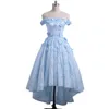 2019 Wysoka Niska Sukienka Baby Blue Off The Ramię Asymetryczne Prom Dresses 3D Aplikacje Kwiatowe Zamek Evening Party Suknie