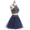 Sexy Navy Blue 2 Pieces Prom Dresses Major Beading Sequins Sexy Party Dresses Cocktail gowns Open Back