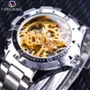 Forsining Cassa ingranaggi in acciaio inossidabile argento Lancette luminose Orologio scheletro dorato Orologi da polso meccanici da uomo Top Brand di lusso