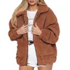 Vinter Kvinnor Faux Fur Solid Färg Jacka Fluffy Teddy Bear Fleece Zipper Fickor Långärmad Furry Coat Casual Street Wear